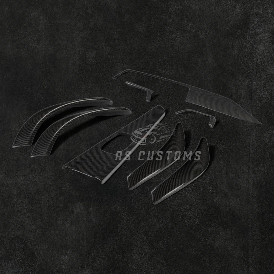 RS Customs BMW F30 F31 F34 F32 F33 F36 real carbon fiber interior trim kit for left-hand drive models, featuring moulding covers that install over the original interior trim panels.