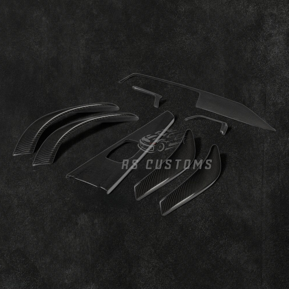 RS Customs BMW F30 F31 F34 F32 F33 F36 real carbon fiber interior trim kit for left-hand drive models, featuring moulding covers that install over the original interior trim panels.