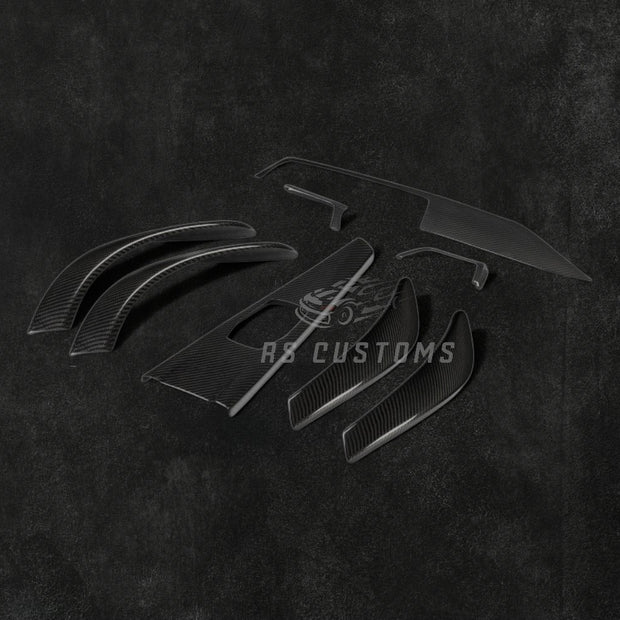 RS Customs BMW F30 F31 F34 F32 F33 F36 real carbon fiber interior trim kit for left-hand drive models, featuring moulding covers that install over the original interior trim panels.