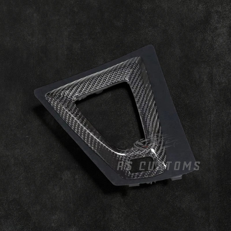 RS Customs BMW F80 M3 F82 F83 M4 carbon fiber interior trim kit for LHD models featuring genuine carbon fiber replacement dashboard, console and gear surround trim.