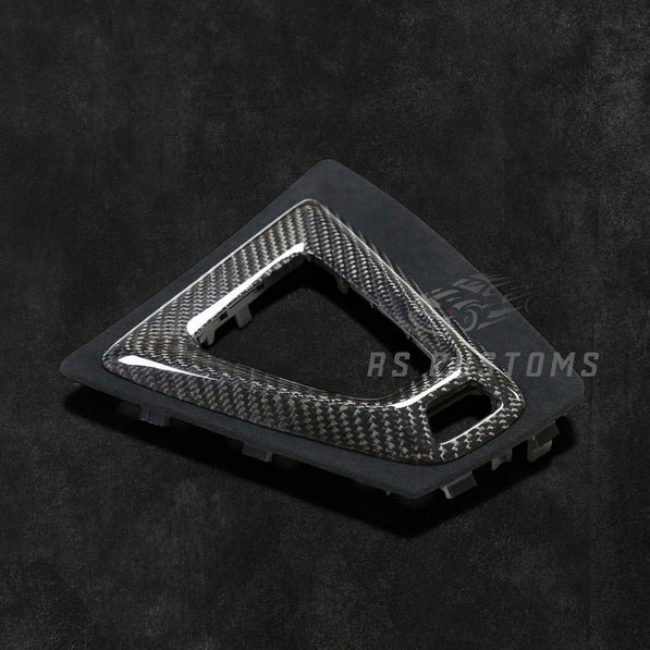 RS Customs BMW F87 M2 Competition and M2 CS carbon fiber gear surround trim replacement for LHD models featuring genuine carbon fiber construction and OEM-style fitment.