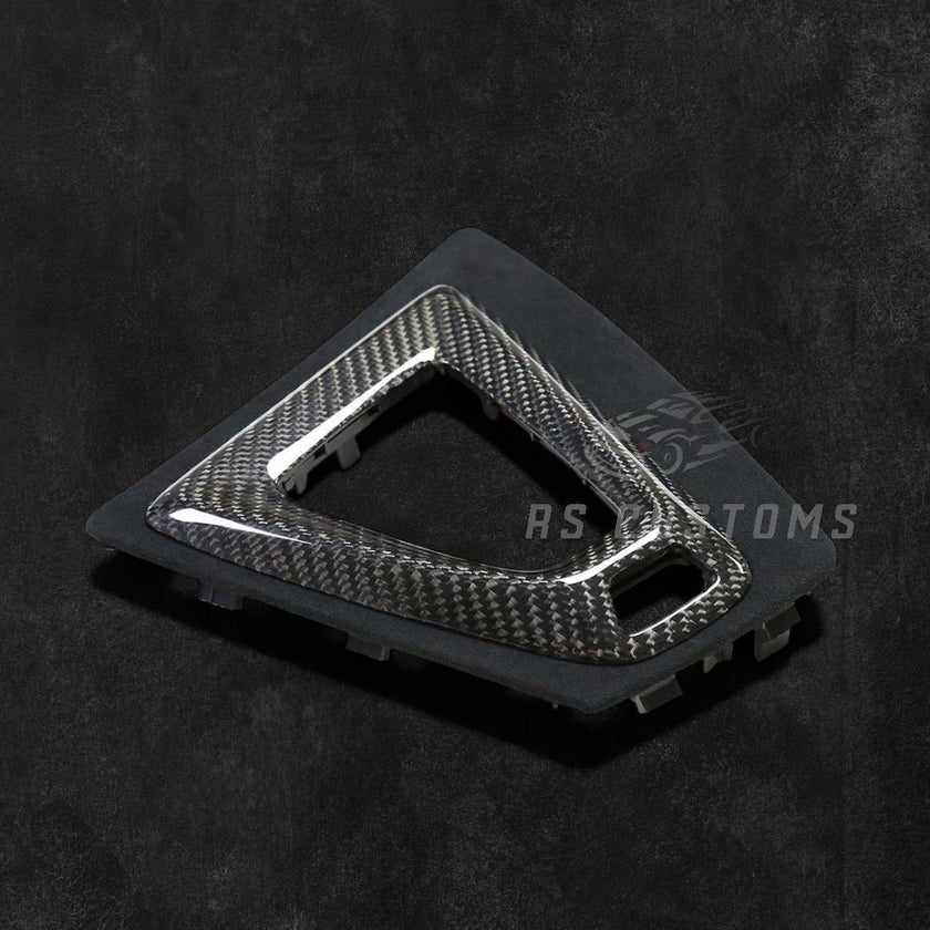RS Customs BMW F87 M2 Competition and M2 CS carbon fiber gear surround trim replacement for LHD models featuring genuine carbon fiber construction and OEM-style fitment.