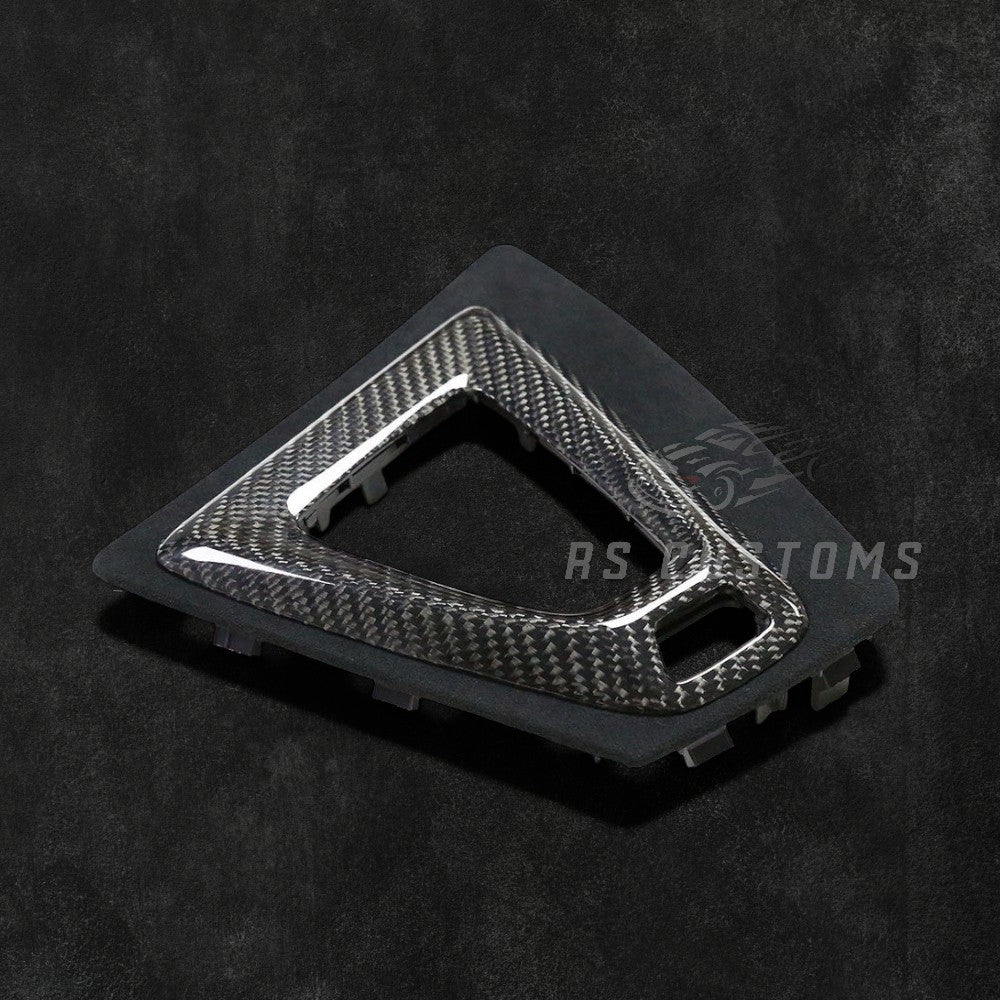 RS Customs BMW F87 M2 Competition and M2 CS carbon fiber gear surround trim replacement for LHD models featuring genuine carbon fiber construction and OEM-style fitment.