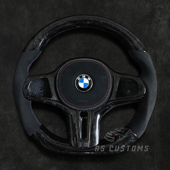 RS Customs BMW G-Series custom steering wheel with forged carbon fiber, Alcantara grips, forged carbon trim, heating, ACC, HOD sensor, vibration motor, paddle shifters and optional custom airbag.