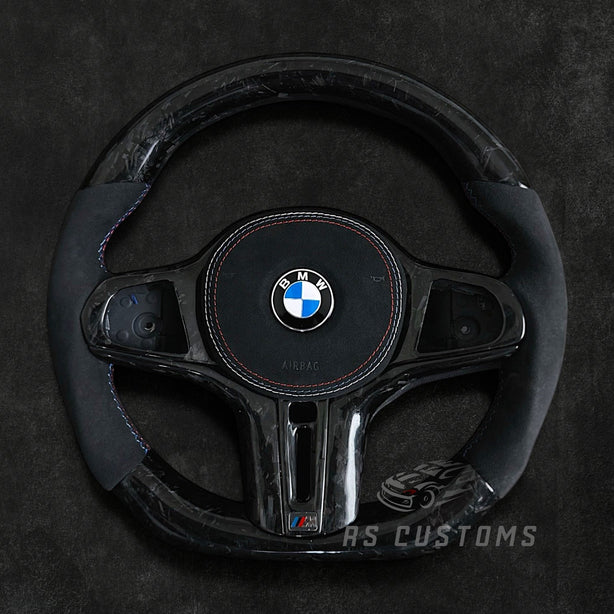 RS Customs BMW G-Series custom steering wheel with forged carbon fiber, Alcantara grips, forged carbon trim, heating, ACC, HOD sensor, vibration motor, paddle shifters and optional custom airbag.