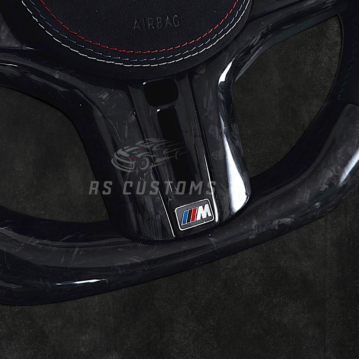 RS Customs BMW G-Series custom steering wheel with forged carbon fiber, Alcantara grips, forged carbon trim, heating, ACC, HOD sensor, vibration motor, paddle shifters and optional custom airbag.