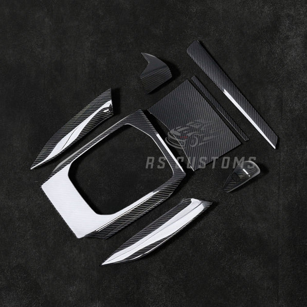RS Customs BMW G20 G21 G22 G23 G26 G80 G81 G82 G83 dry carbon fiber interior trim kit for LHD models, featuring real carbon moulding covers installed over original trim panels.