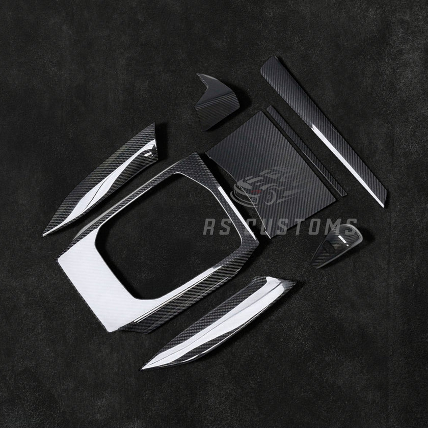 RS Customs BMW G20 G21 G22 G23 G26 G80 G81 G82 G83 dry carbon fiber interior trim kit for LHD models, featuring real carbon moulding covers installed over original trim panels.