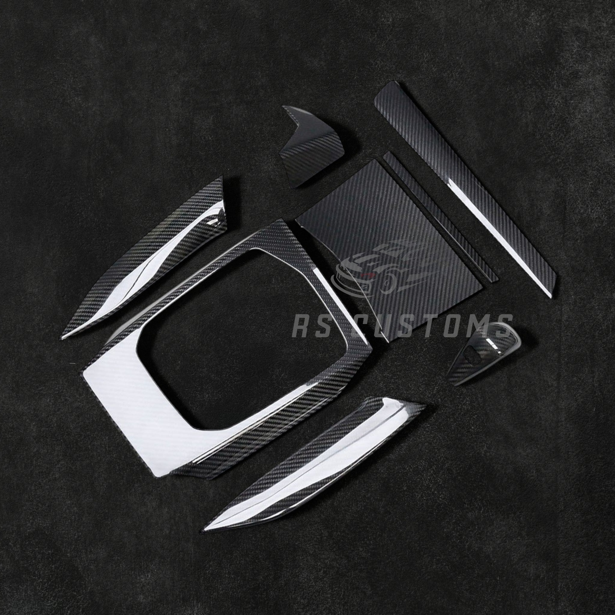 RS Customs BMW G20 G21 G22 G23 G26 G80 G81 G82 G83 dry carbon fiber interior trim kit for LHD models, featuring real carbon moulding covers installed over original trim panels.