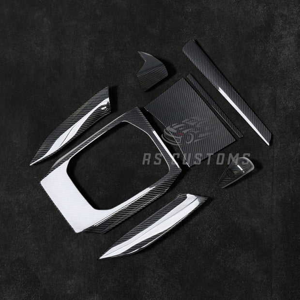 RS Customs BMW G20 G21 G22 G23 G26 G80 G81 G82 G83 dry carbon fiber interior trim kit for LHD models, featuring real carbon moulding covers installed over original trim panels.