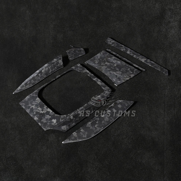 RS Customs BMW G20 G80 G22 G23 G82 G83 forged carbon fiber interior trim kit with real forged carbon moulding covers and gear selector overlay for LHD models.