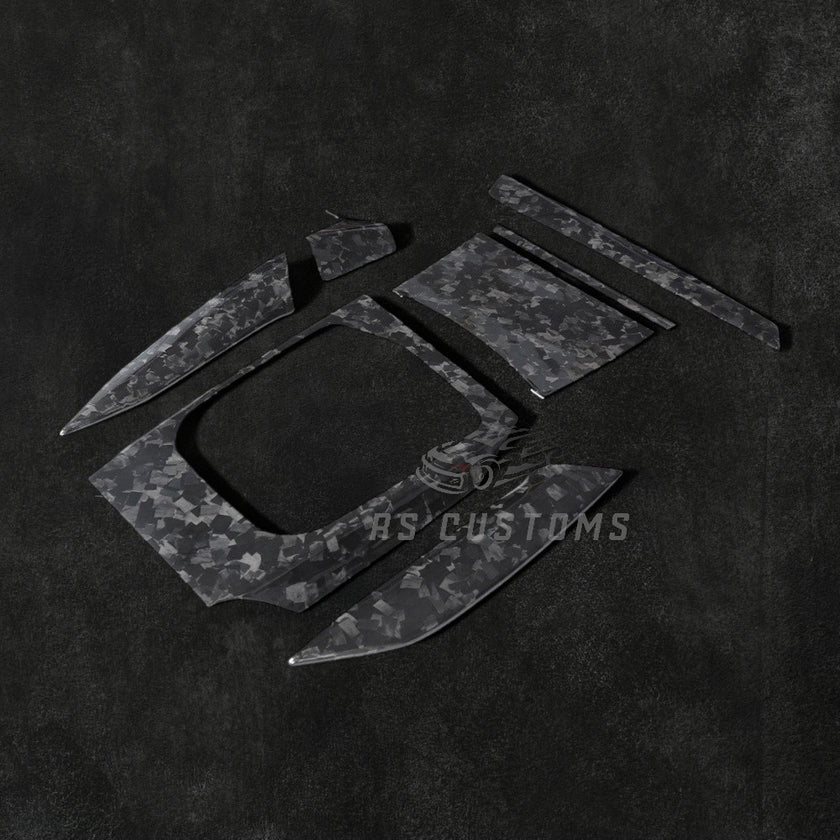 RS Customs BMW G20 G80 G22 G23 G82 G83 forged carbon fiber interior trim kit with real forged carbon moulding covers and gear selector overlay for LHD models.