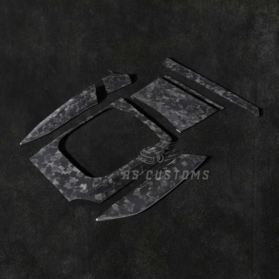 RS Customs BMW G20 G80 G22 G23 G82 G83 forged carbon fiber interior trim kit with real forged carbon moulding covers and gear selector overlay for LHD models.