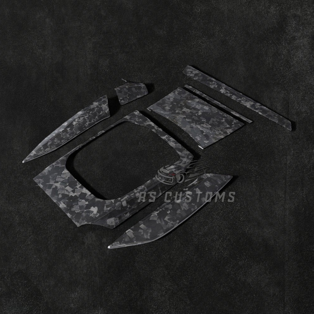 RS Customs BMW G20 G80 G22 G23 G82 G83 forged carbon fiber interior trim kit with real forged carbon moulding covers and gear selector overlay for LHD models.