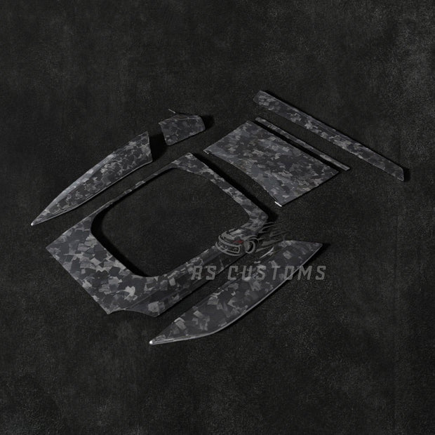 RS Customs BMW G20 G80 G22 G23 G82 G83 forged carbon fiber interior trim kit with real forged carbon moulding covers and gear selector overlay for LHD models.