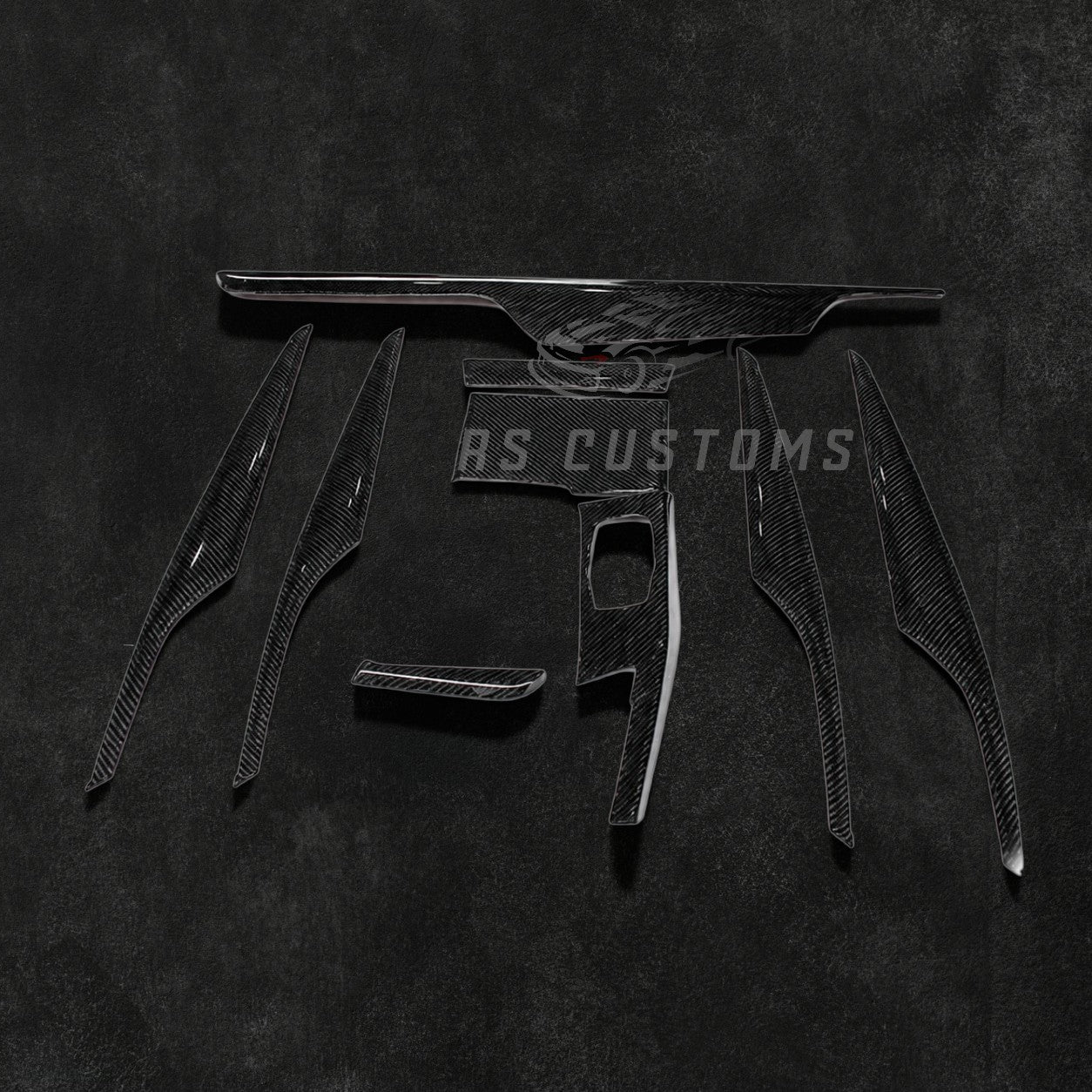 RS Customs BMW G30 5 Series 9-piece carbon fiber interior trim kit for LHD models featuring real carbon fiber moulding covers installed over original interior trim panels.