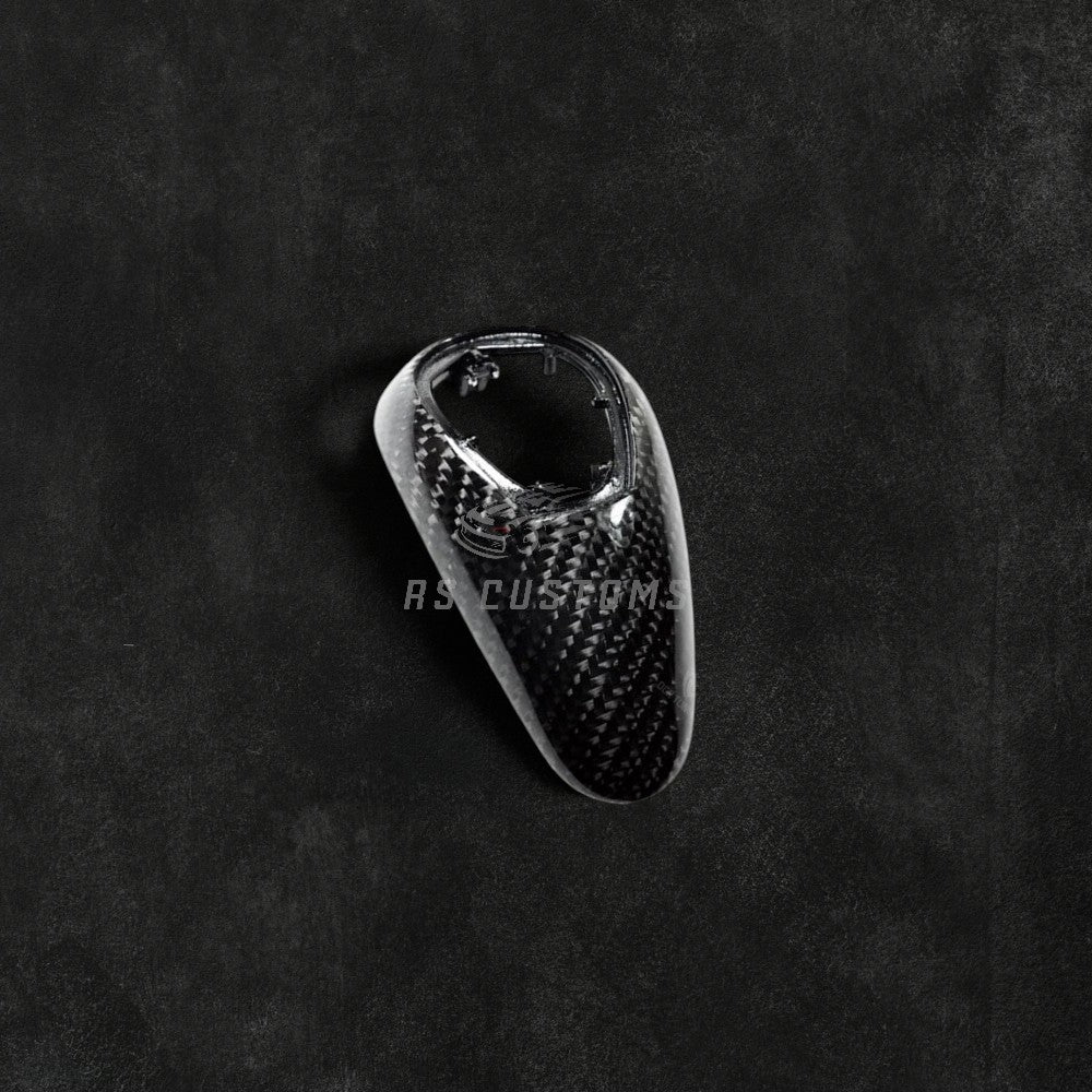 RS Customs BMW carbon fiber gear shift knob trim replacement for F80 M3, F82 F83 M4, F87 M2, M5, M6, X5M and X6M models with OEM-style fitment.