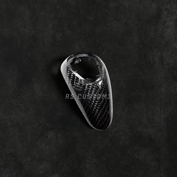 RS Customs BMW carbon fiber gear shift knob trim replacement for F80 M3, F82 F83 M4, F87 M2, M5, M6, X5M and X6M models with OEM-style fitment.