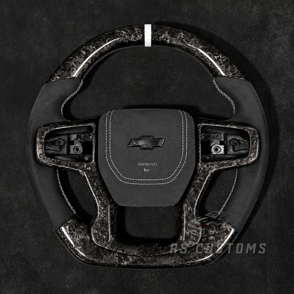 RS Customs Chevrolet Silverado GMC Sierra forged carbon fiber steering wheel for 2019+ models with sporty OEM+ design and optional custom airbag cover.