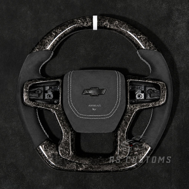 RS Customs Chevrolet Silverado GMC Sierra forged carbon fiber steering wheel for 2019+ models with sporty OEM+ design and optional custom airbag cover.
