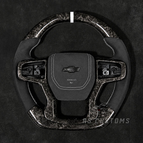 RS Customs Chevrolet Silverado GMC Sierra forged carbon fiber steering wheel for 2019+ models with sporty OEM+ design and optional custom airbag cover.