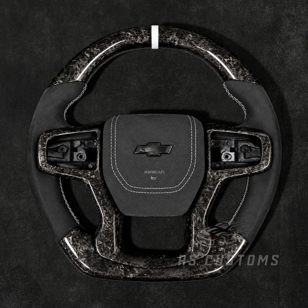 RS Customs Chevrolet Silverado GMC Sierra forged carbon fiber steering wheel for 2019+ models with sporty OEM+ design and optional custom airbag cover.