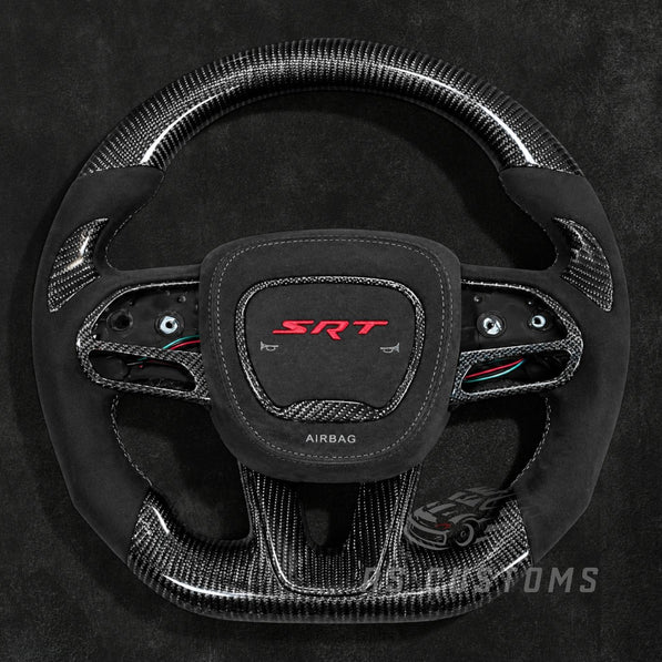 RS Customs Dodge Charger Challenger Durango WK2 SRT Trackhawk custom carbon fiber steering wheel with Alcantara grips and optional custom airbag cover for 2015–2023 models.