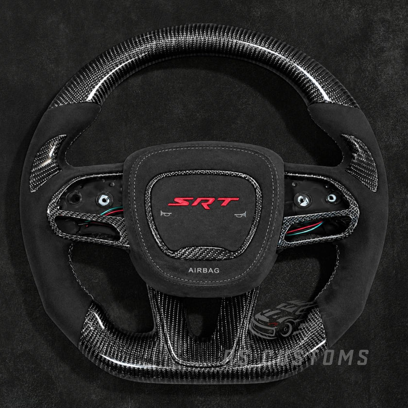 RS Customs Dodge Charger Challenger Durango WK2 SRT Trackhawk custom carbon fiber steering wheel with Alcantara grips and optional custom airbag cover for 2015–2023 models.