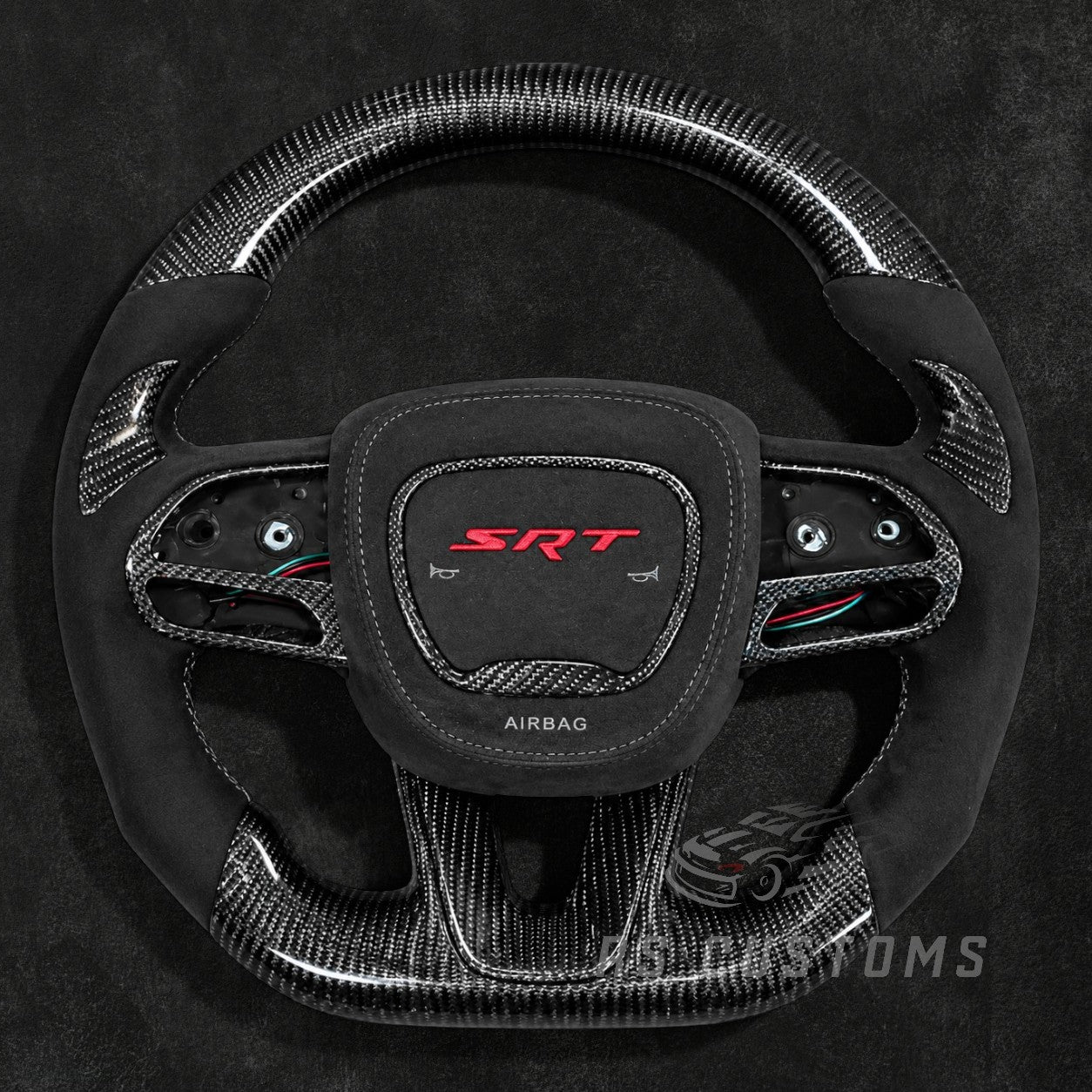 RS Customs Dodge Charger Challenger Durango WK2 SRT Trackhawk custom carbon fiber steering wheel with Alcantara grips and optional custom airbag cover for 2015–2023 models.