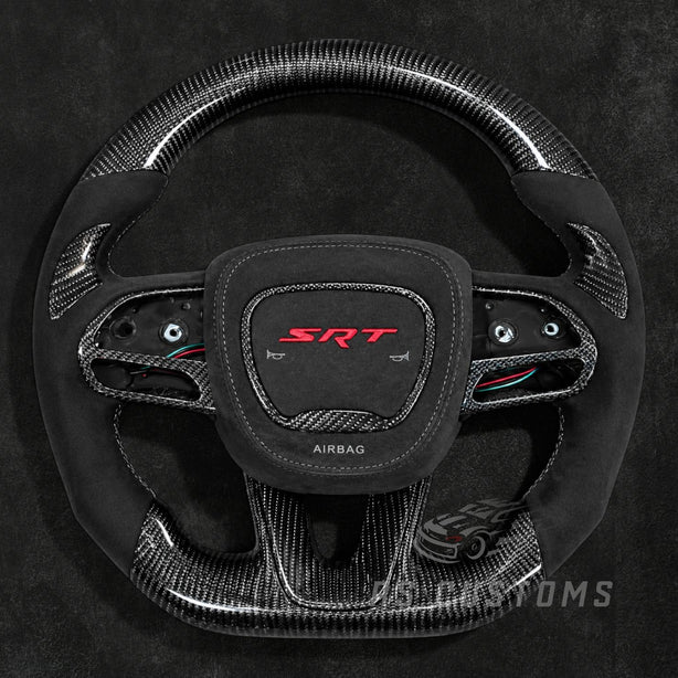 RS Customs Dodge Charger Challenger Durango WK2 SRT Trackhawk custom carbon fiber steering wheel with Alcantara grips and optional custom airbag cover for 2015–2023 models.
