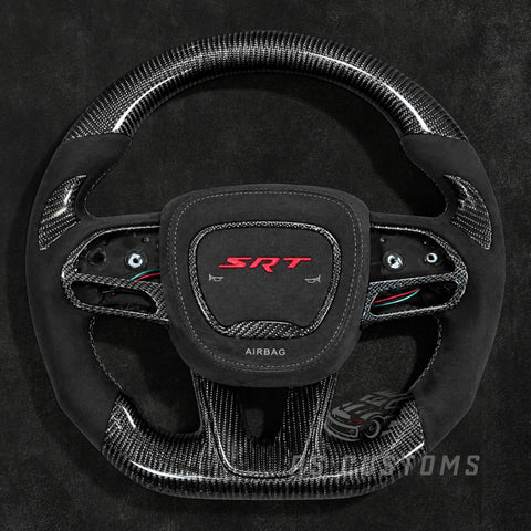 RS Customs Dodge Charger Challenger Durango WK2 SRT Trackhawk custom carbon fiber steering wheel with Alcantara grips and optional custom airbag cover for 2015–2023 models.