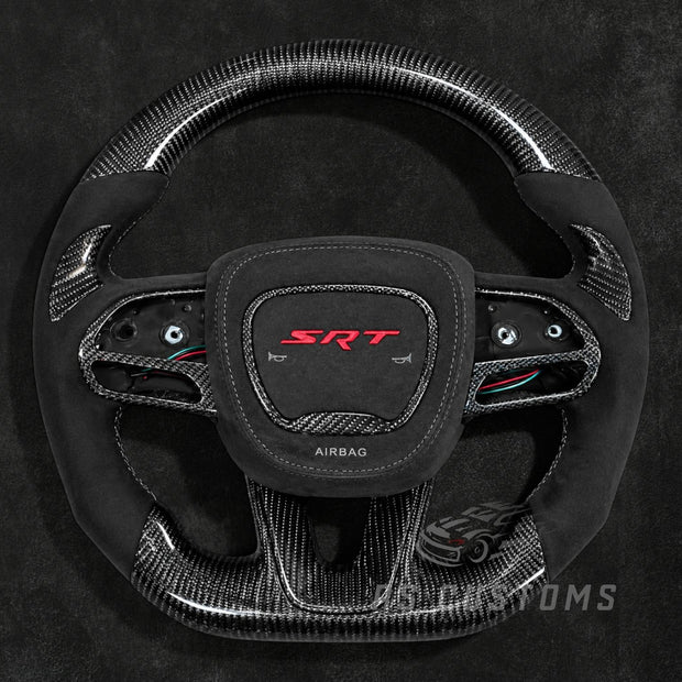 RS Customs Dodge Charger Challenger Durango WK2 SRT Trackhawk custom carbon fiber steering wheel with Alcantara grips and optional custom airbag cover for 2015–2023 models.