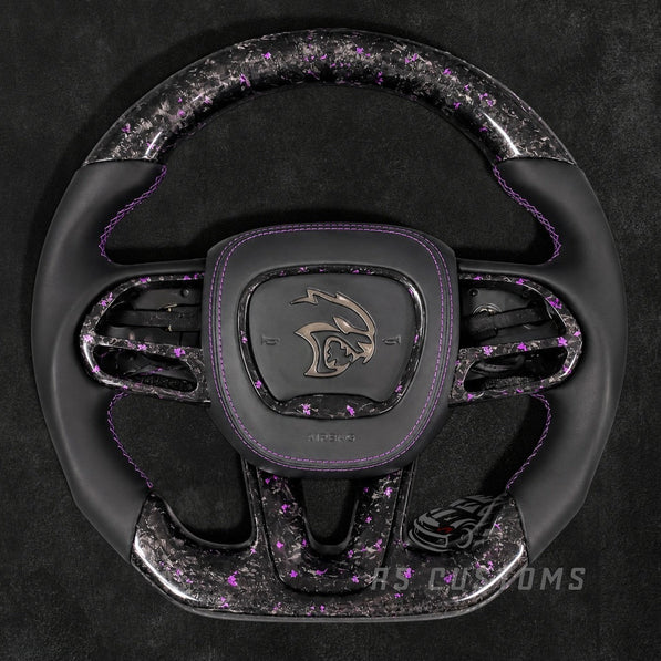 RS Customs Dodge Hellcat SRT Trackhawk forged carbon fiber steering wheel with colored flakes and RGB illuminated logo airbag cover for 2015–2023 models.