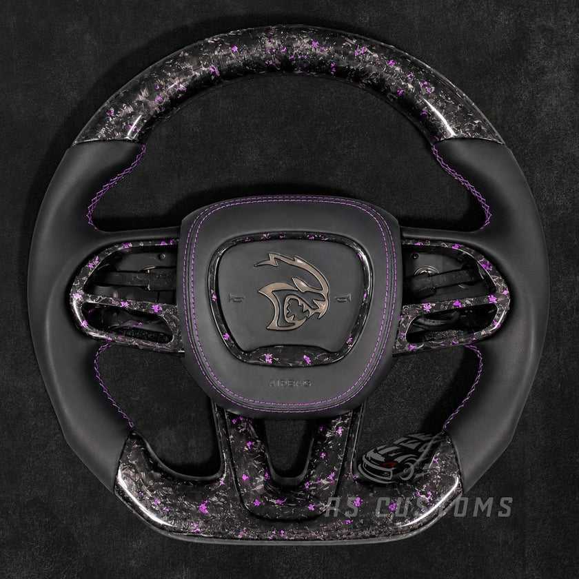 RS Customs Dodge Hellcat SRT Trackhawk forged carbon fiber steering wheel with colored flakes and RGB illuminated logo airbag cover for 2015–2023 models.