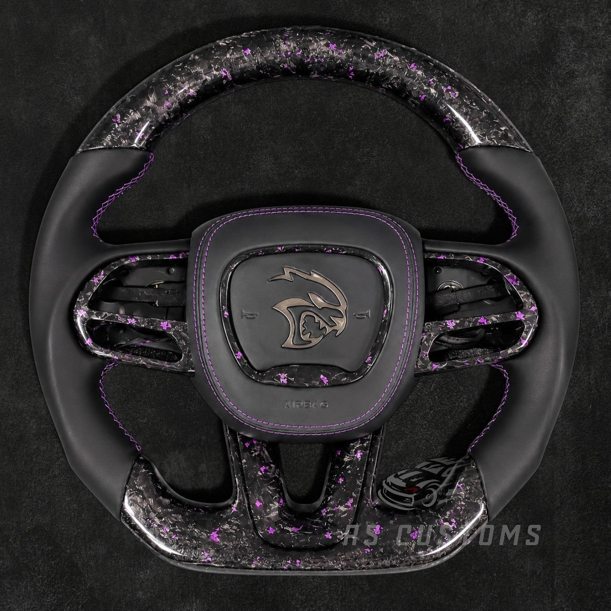 RS Customs Dodge Hellcat SRT Trackhawk forged carbon fiber steering wheel with colored flakes and RGB illuminated logo airbag cover for 2015–2023 models.