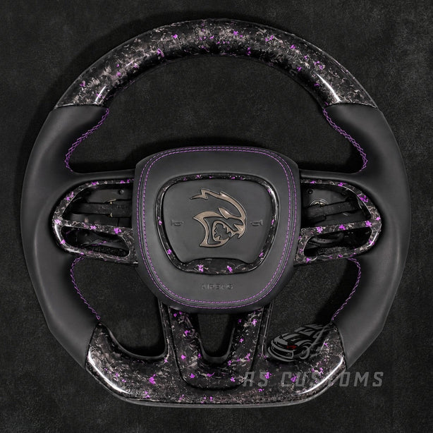 RS Customs Dodge Hellcat SRT Trackhawk forged carbon fiber steering wheel with colored flakes and RGB illuminated logo airbag cover for 2015–2023 models.
