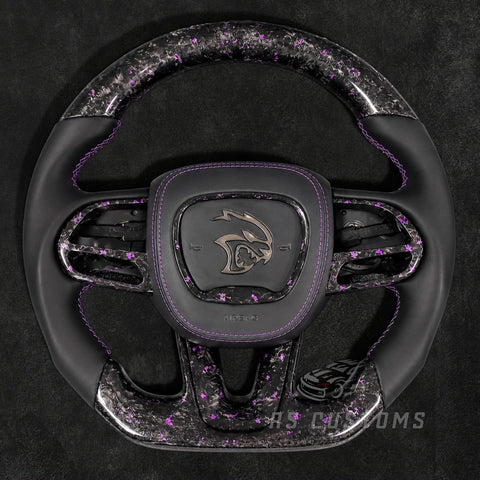 RS Customs Dodge Hellcat SRT Trackhawk forged carbon fiber steering wheel with colored flakes and RGB illuminated logo airbag cover for 2015–2023 models.