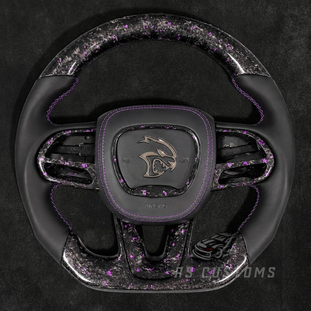 RS Customs Dodge Hellcat SRT Trackhawk forged carbon fiber steering wheel with colored flakes and RGB illuminated logo airbag cover for 2015–2023 models.