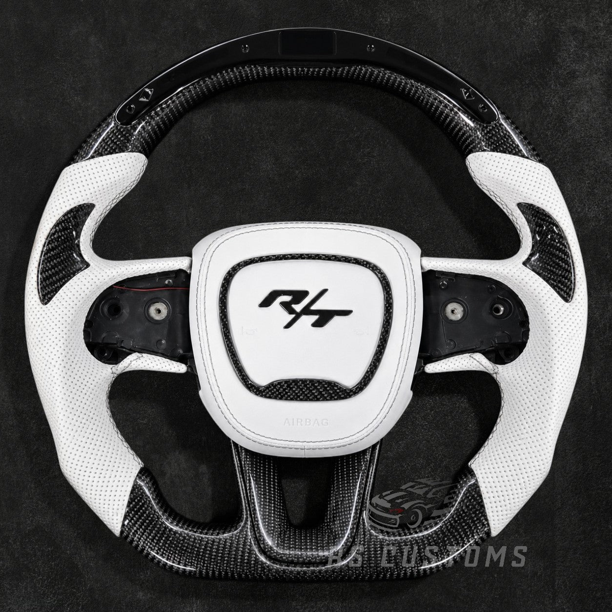 RS Customs Dodge Jeep SRT Hellcat Trackhawk carbon fiber steering wheel with LED display and RGB illuminated logo airbag cover for 2015–2023 models.