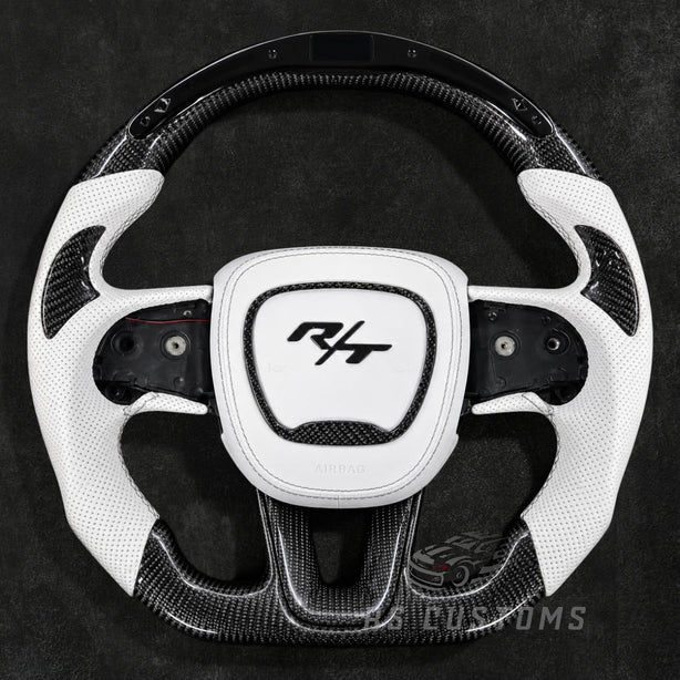 RS Customs Dodge Jeep SRT Hellcat Trackhawk carbon fiber steering wheel with LED display and RGB illuminated logo airbag cover for 2015–2023 models.