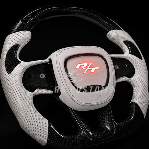 RS Customs Dodge Jeep SRT Hellcat Trackhawk carbon fiber steering wheel with LED display and RGB illuminated logo airbag cover for 2015–2023 models.