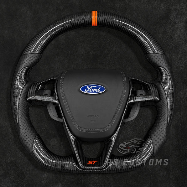 RS Customs Ford Edge ST custom carbon fiber steering wheel with perforated leather grips, carbon side accents and optional custom airbag cover for 2015–2018 models.