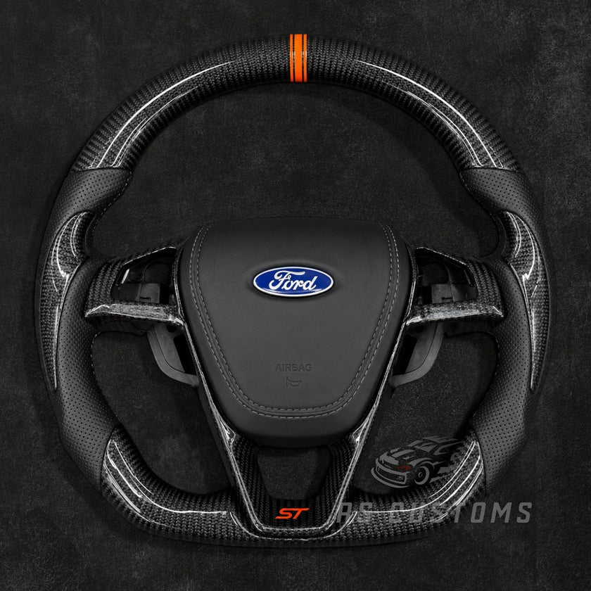 RS Customs Ford Edge ST custom carbon fiber steering wheel with perforated leather grips, carbon side accents and optional custom airbag cover for 2015–2018 models.