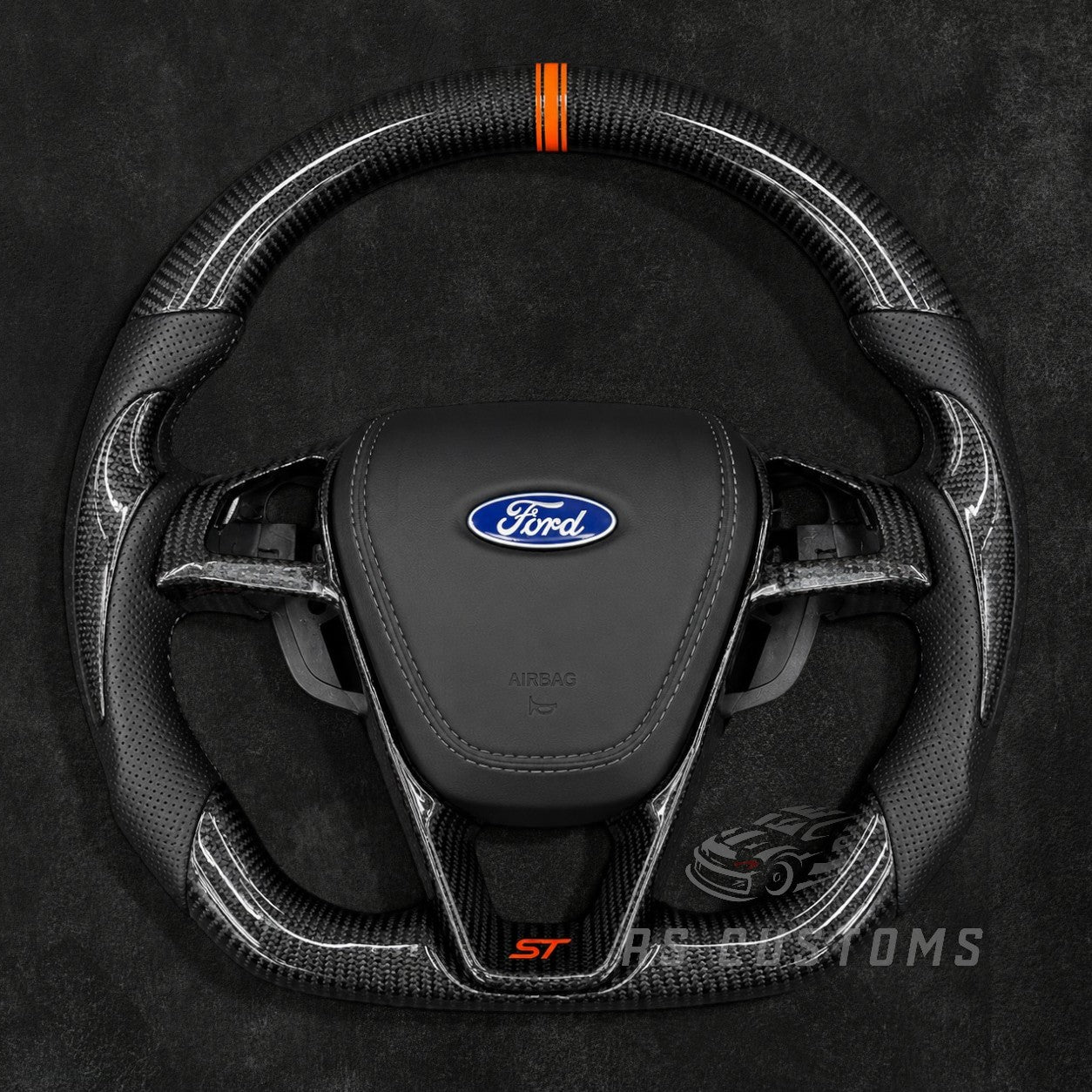 RS Customs Ford Edge ST custom carbon fiber steering wheel with perforated leather grips, carbon side accents and optional custom airbag cover for 2015–2018 models.