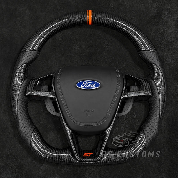 RS Customs Ford Edge ST custom carbon fiber steering wheel with perforated leather grips, carbon side accents and optional custom airbag cover for 2015–2018 models.