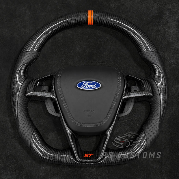 RS Customs Ford Edge ST custom carbon fiber steering wheel with perforated leather grips, carbon side accents and optional custom airbag cover for 2015–2018 models.