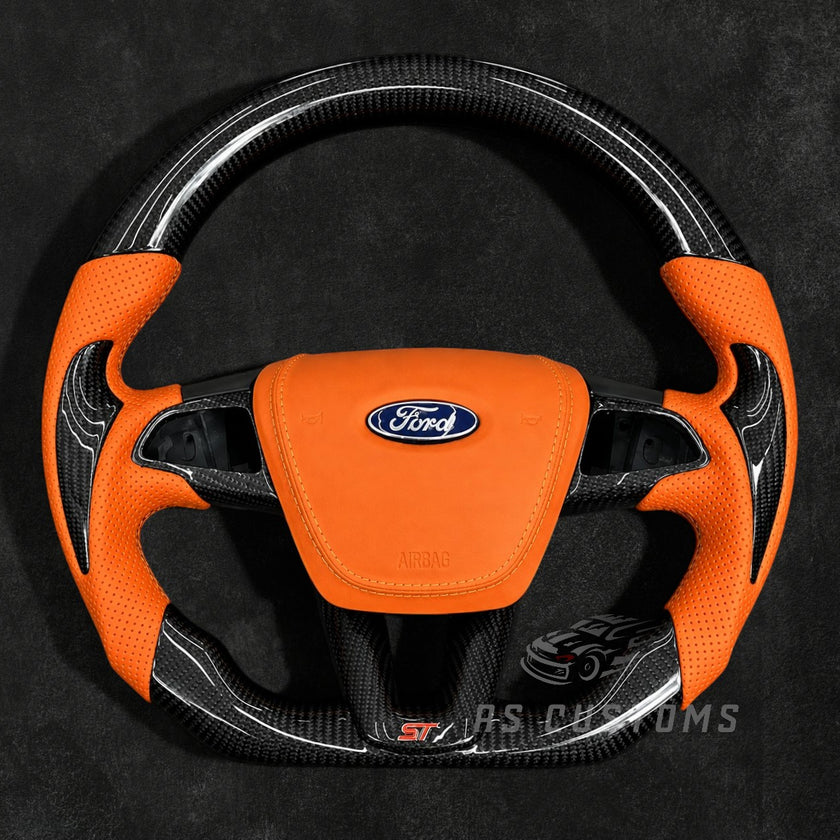 RS Customs Ford Focus ST and RS MK3.5 custom carbon fiber steering wheel for 2015–2018 models with optional leather airbag cover and sporty OEM+ design.
