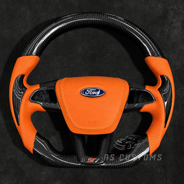 RS Customs Ford Focus ST and RS MK3.5 custom carbon fiber steering wheel for 2015–2018 models with optional leather airbag cover and sporty OEM+ design.