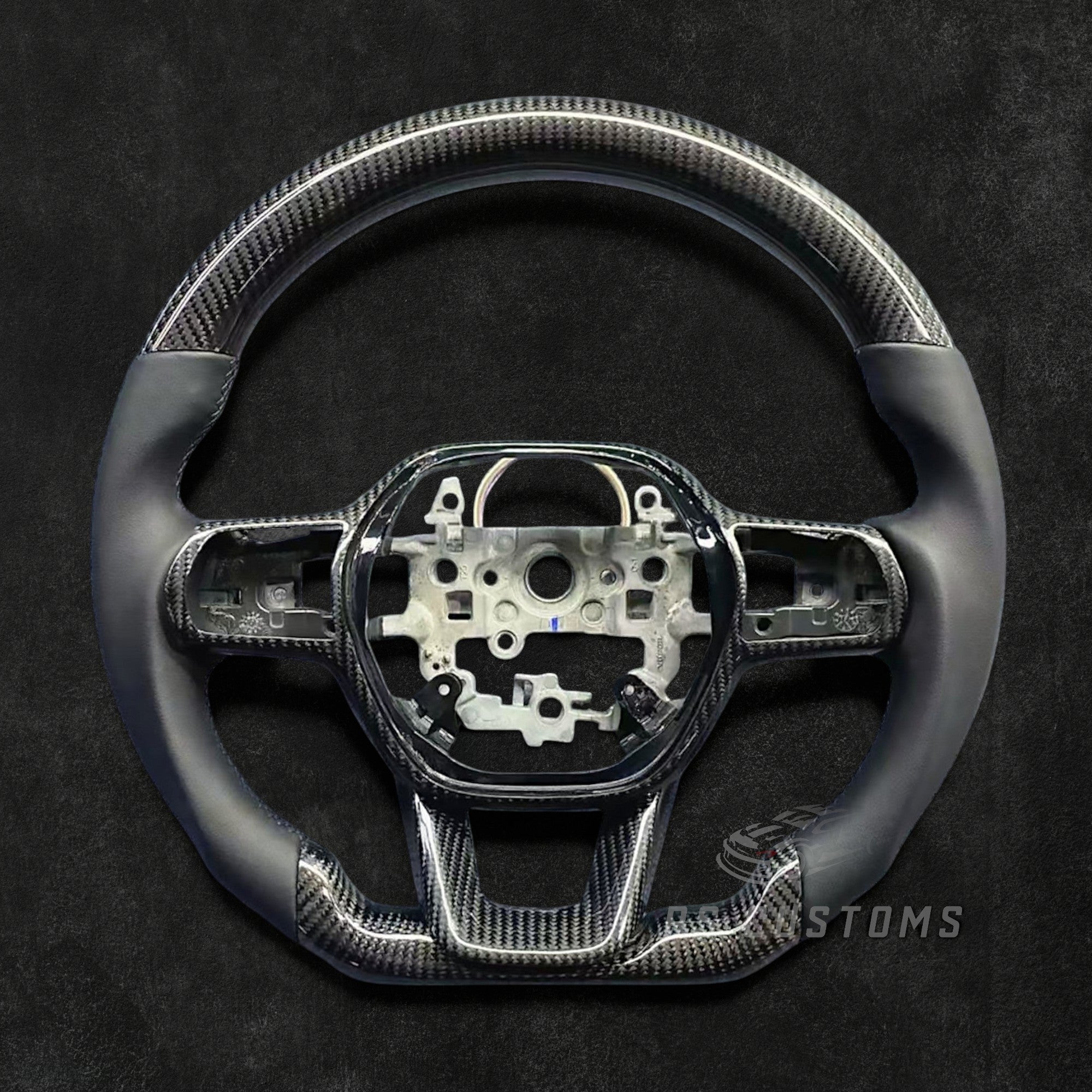 RS Customs Honda Civic FE and Type R FL5 custom steering wheel with carbon fiber, leather grips, carbon trim and optional custom airbag cover for 2022+ Civic models.