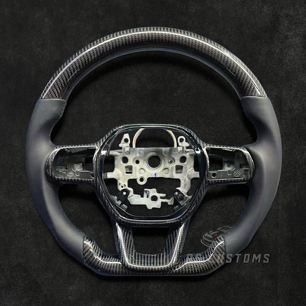RS Customs Honda Civic FE and Type R FL5 custom steering wheel with carbon fiber, leather grips, carbon trim and optional custom airbag cover for 2022+ Civic models.
